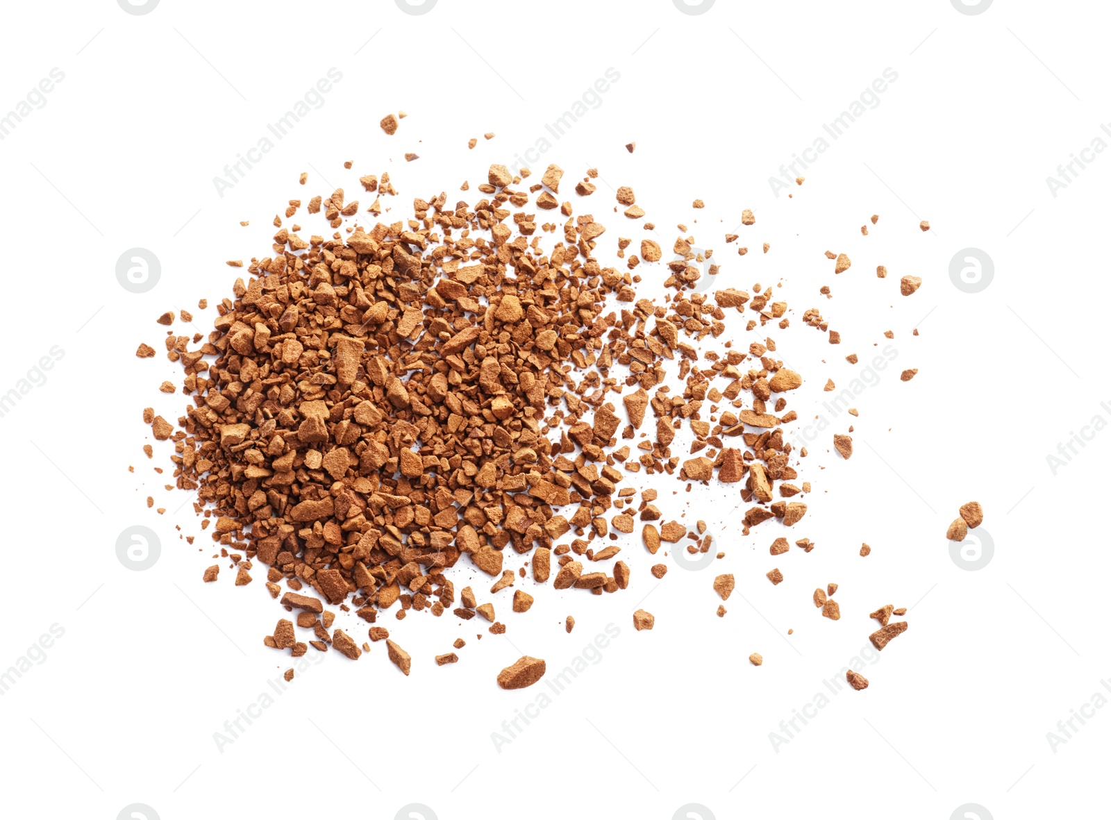 Photo of Heap of aromatic instant coffee isolated on white, top view