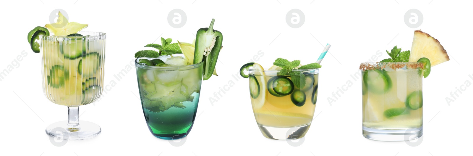 Image of Set of different spicy cocktails with jalapenos on white background. Banner design