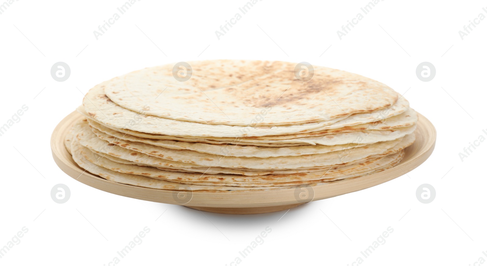 Photo of Stack of tasty homemade tortillas isolated on white