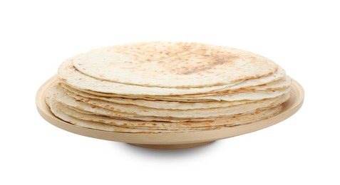 Photo of Stack of tasty homemade tortillas isolated on white