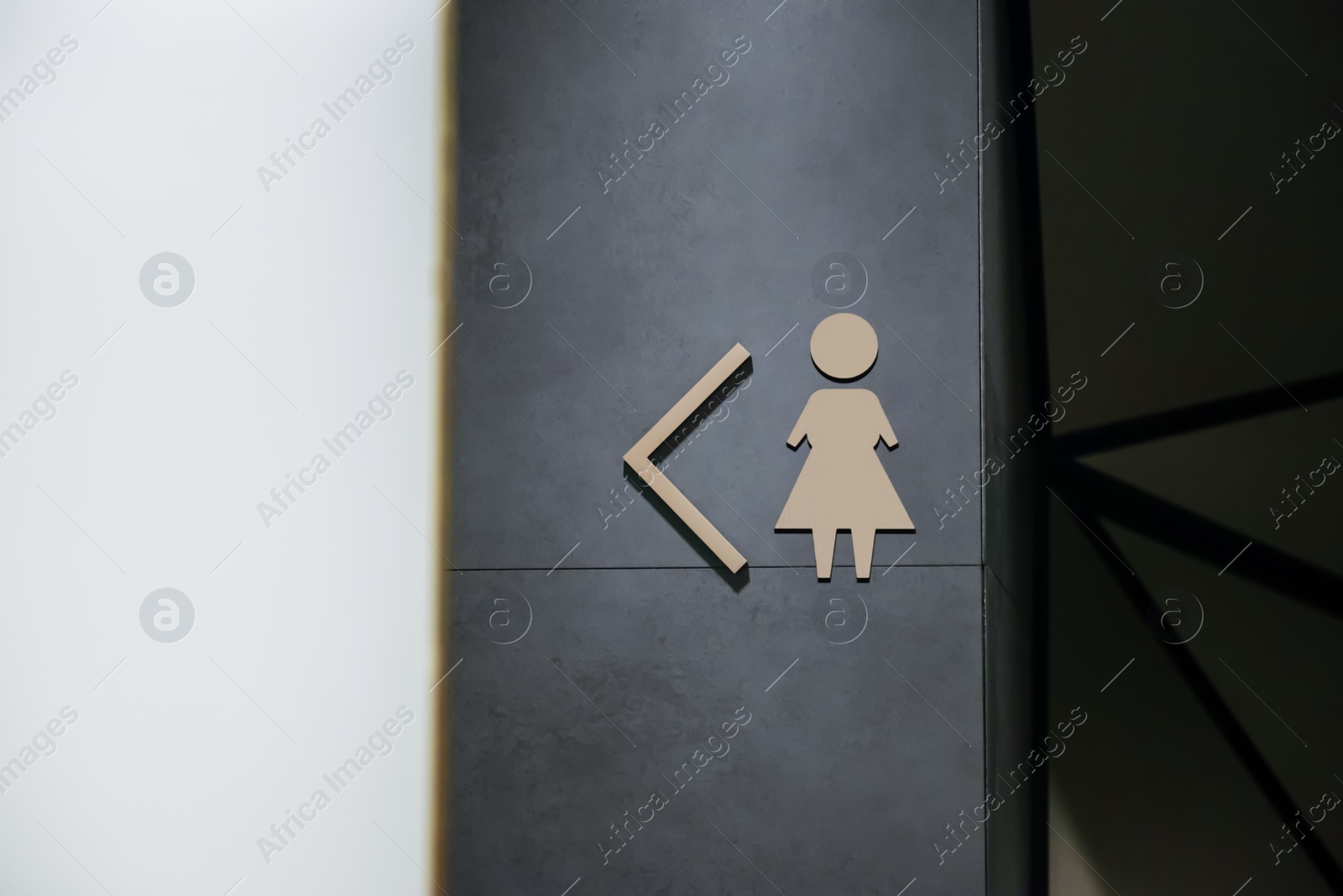 Image of Women's public toilet sign with arrow showing direction on wall