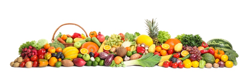 Assortment of fresh organic fruits and vegetables on white background. Banner design