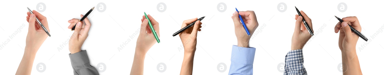 Image of Collage with photos of people holding pens on white background. Banner design