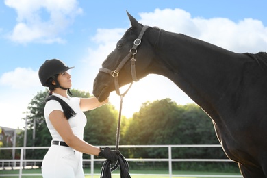 Photo of Young woman in horse riding suit and her beautiful pet outdoors on sunny day