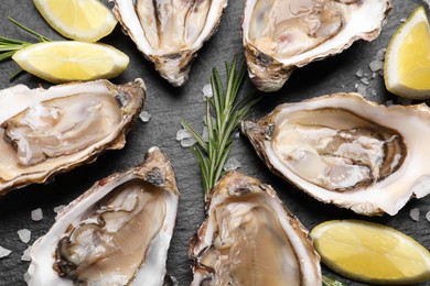Delicious fresh oysters with lemon slices served on black slate board, flat lay