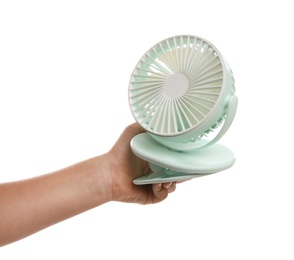 Little child with portable fan on white background, closeup. Summer heat