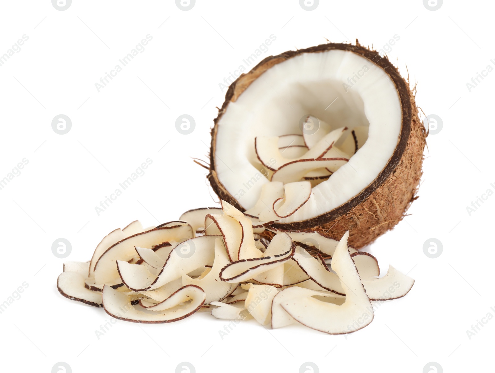 Photo of Coconut with tasty chips isolated on white