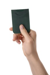 Photo of Man holding leather business card holder on white background, closeup