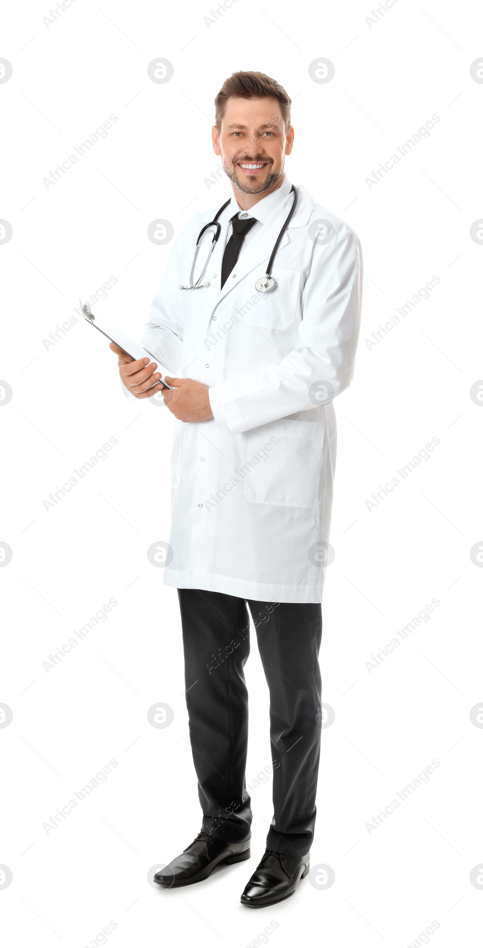 Photo of Full length portrait of male doctor with clipboard isolated on white. Medical staff