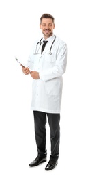 Full length portrait of male doctor with clipboard isolated on white. Medical staff