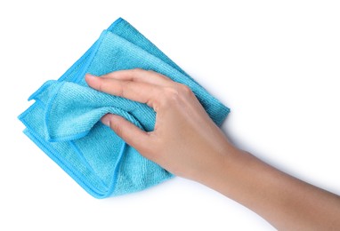 Photo of Woman with microfiber cloth on white background, closeup