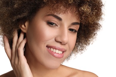 Beautiful woman with healthy skin on white background, closeup