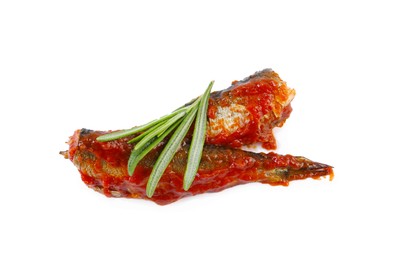 Photo of Tasty canned sprats with tomato sauce and rosemary isolated on white