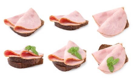 Image of Tasty sandwiches with ham isolated on white, different sides