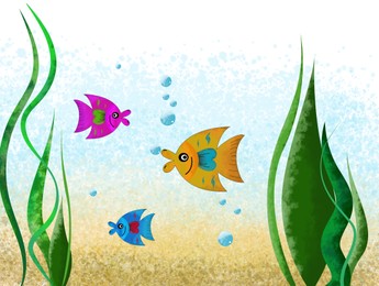 Illustration of Drawingbeautiful fish in underwater world. Child art