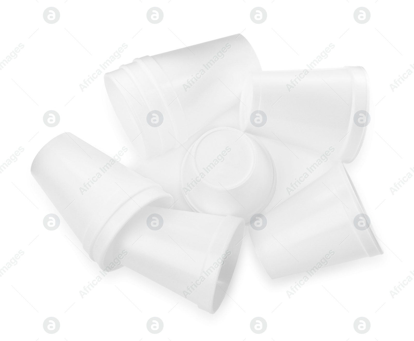 Photo of Styrofoam cups on white background, top view