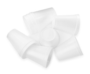 Styrofoam cups on white background, top view