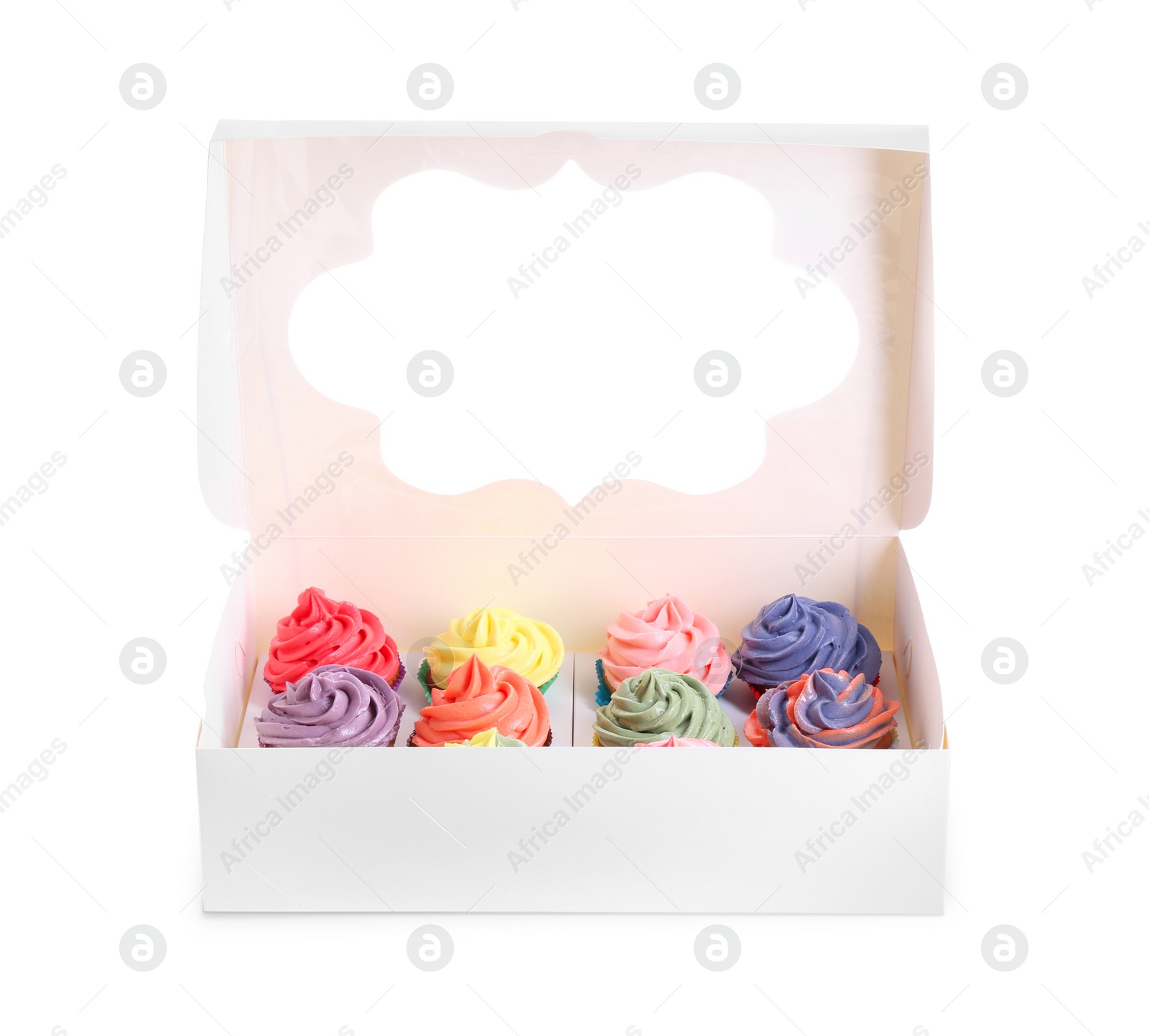 Photo of Box with different tasty cupcakes isolated on white