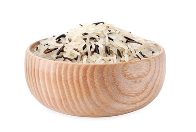 Photo of Mix of brown and polished rice in wooden bowl isolated on white