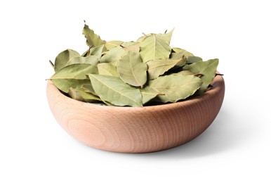 Photo of Aromatic bay leaves in wooden bowl on white background