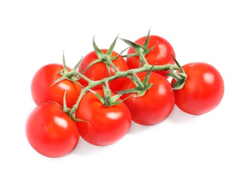 Photo of Branch of fresh cherry tomatoes isolated on white