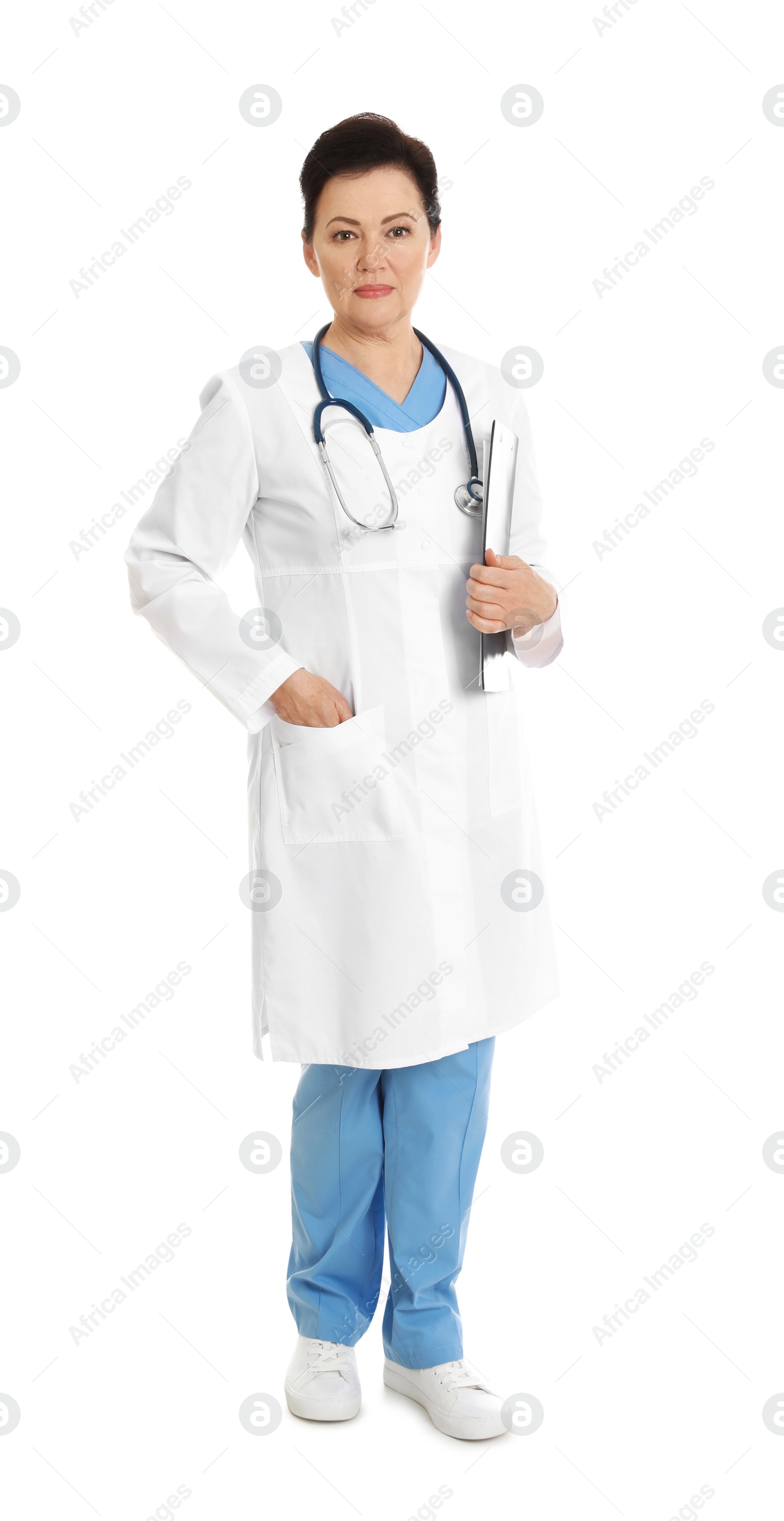 Photo of Full length portrait of female doctor with clipboard isolated on white. Medical staff