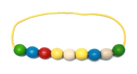 Photo of Wooden pieces and string for threading activity isolated on white, top view. Educational toy for motor skills development