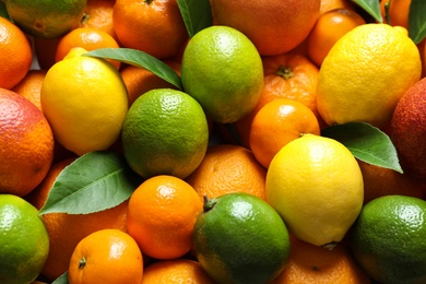 Different citrus fruits as background, closeup. Healthy diet