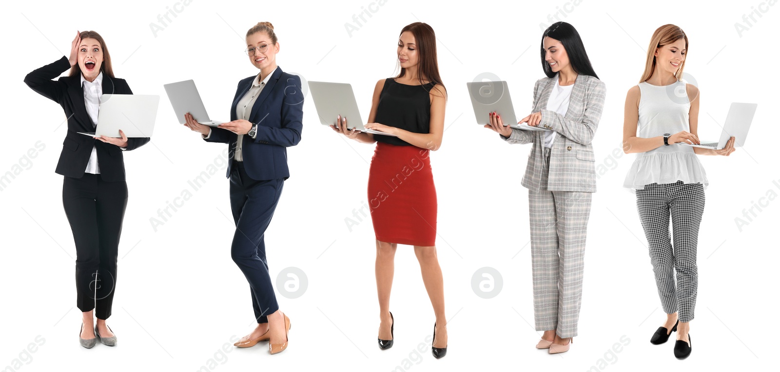 Image of Collage of women with laptops on white background. Banner design