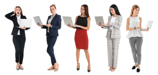 Image of Collage of women with laptops on white background. Banner design