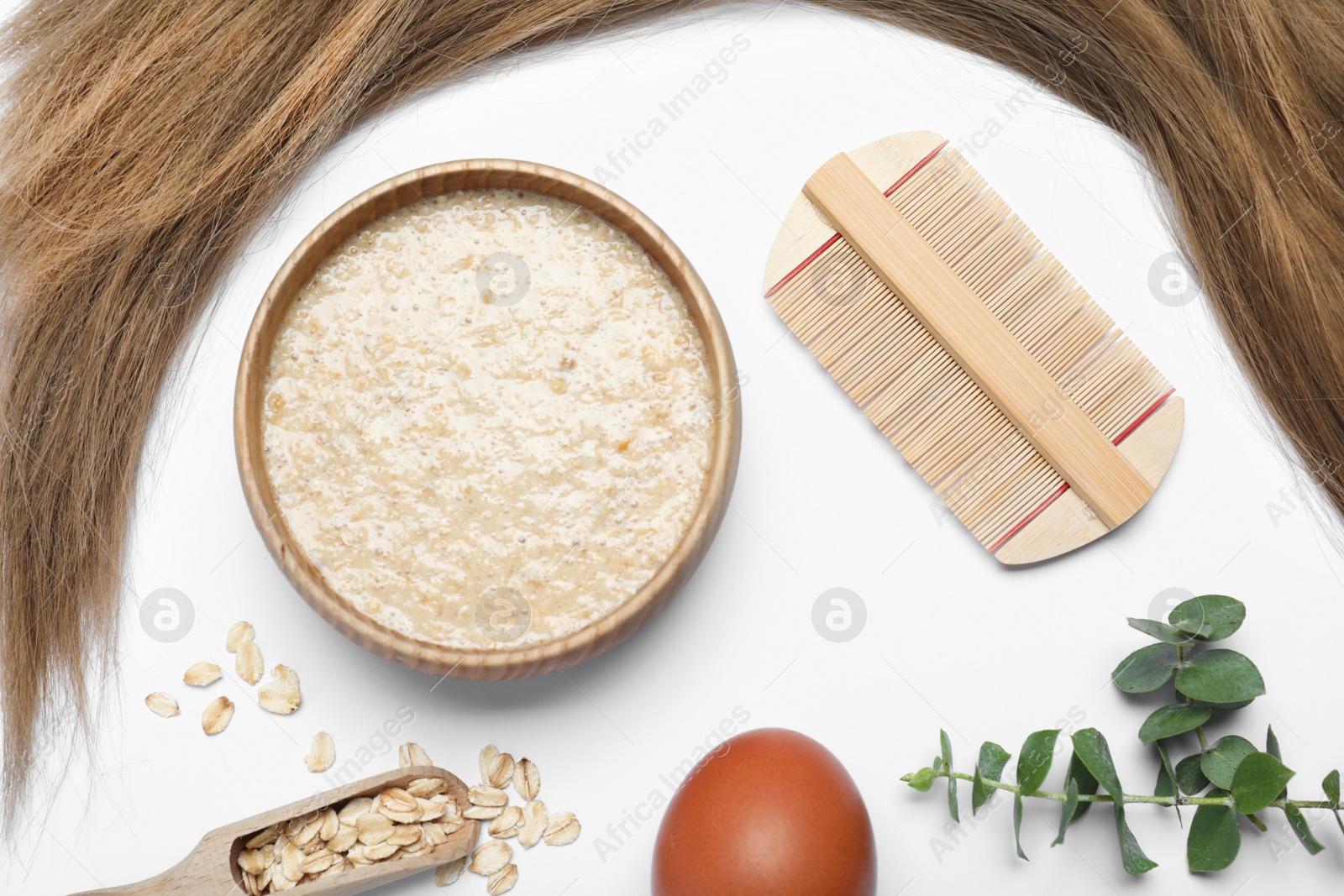 Photo of Flat lay composition with homemade hair mask and ingredients on white background