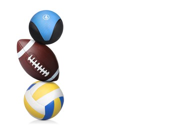 Image of Stack of sport and medicine balls on white background