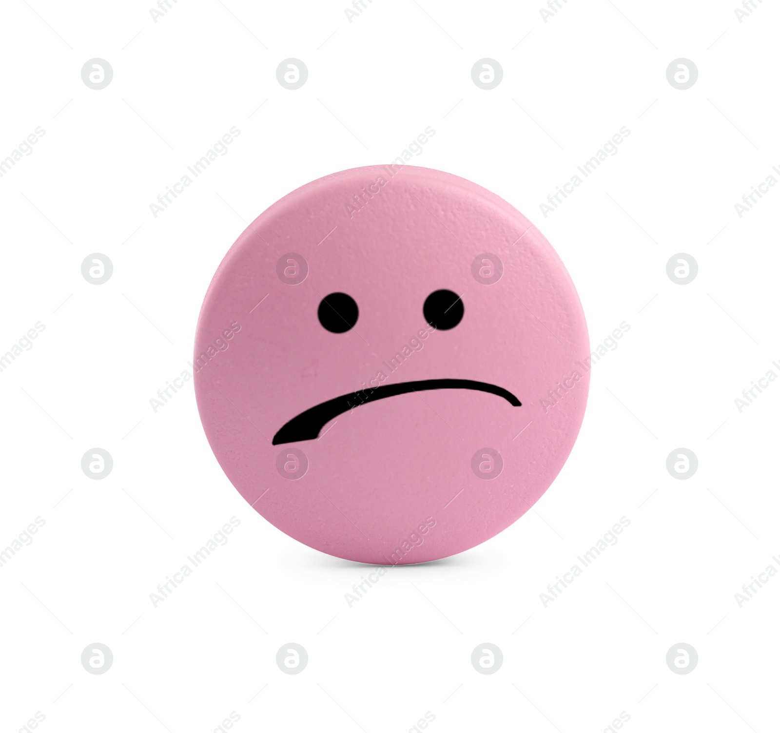 Image of Pink pill with sad face on white background