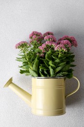 Photo of Beautiful bouquet of pink wildflowers in watering can on white table, top view