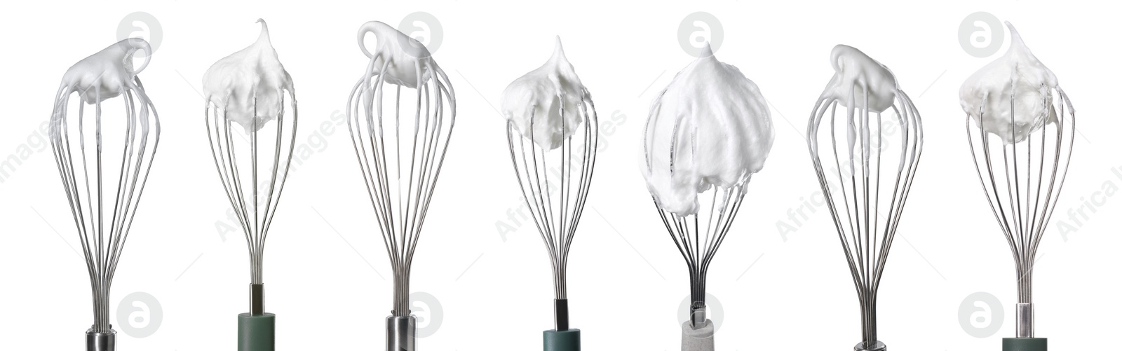 Image of Many different whisks with cream isolated on white, collection