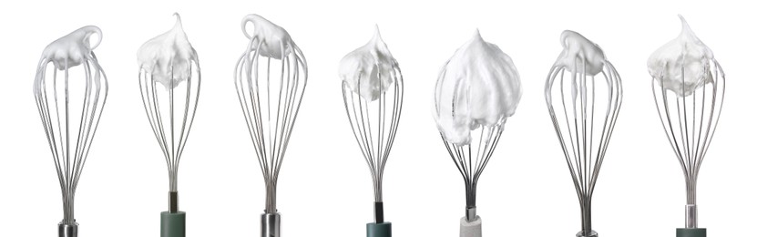 Image of Many different whisks with cream isolated on white, collection