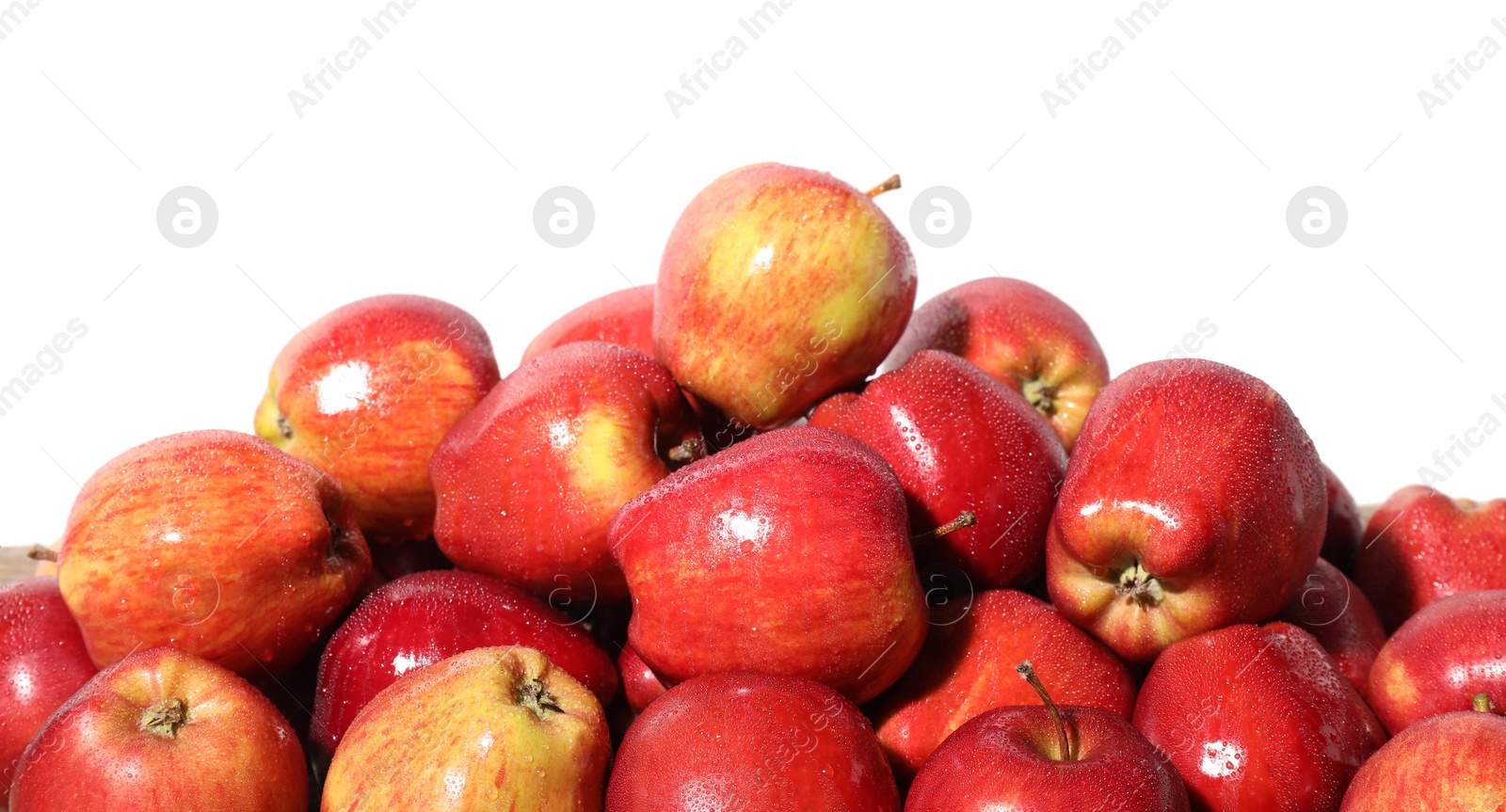 Photo of Pile of fresh apples with water drops isolated on white