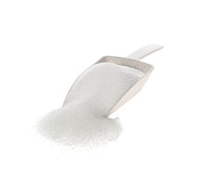 Photo of Plastic scoop with salt isolated on white