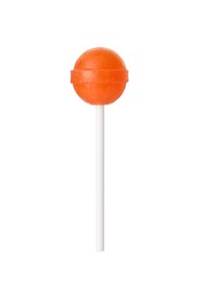 Photo of One sweet orange lollipop isolated on white