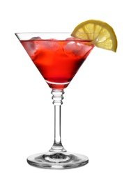 Photo of Glass of martini cocktail with lemon and ice cubes on white background