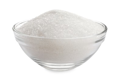 Photo of Granulated sugar in glass bowl isolated on white