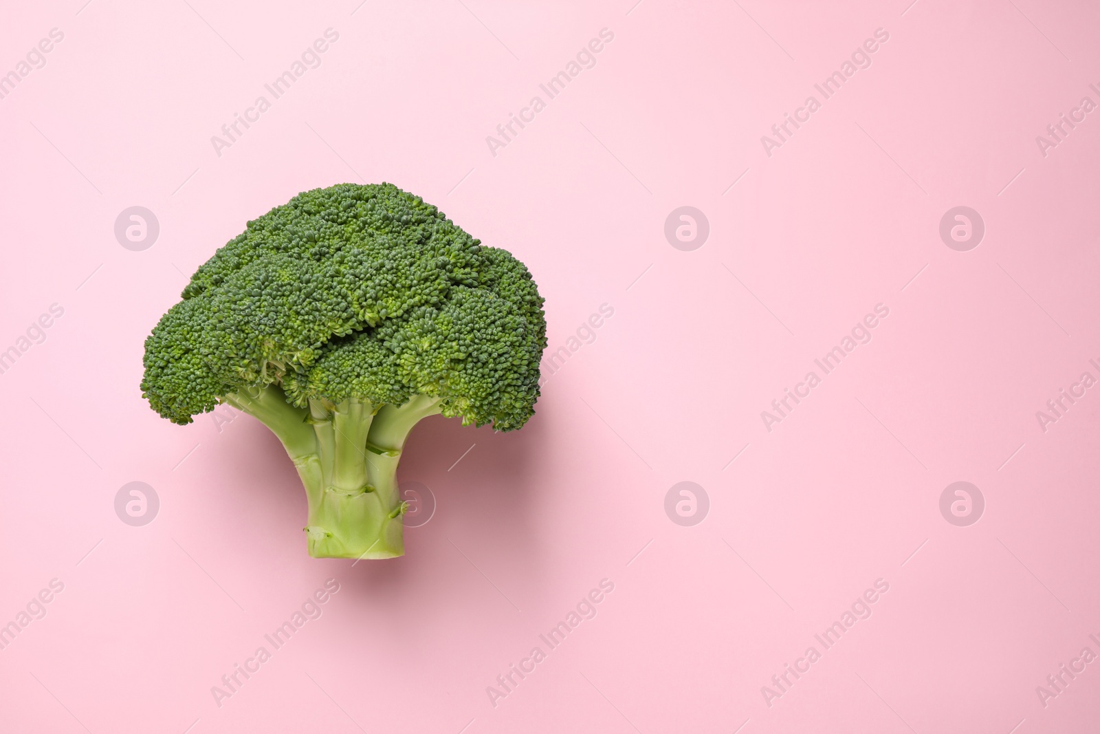 Photo of Fresh tasty broccoli on pink background, top view. Space for text