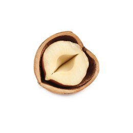 Photo of Half of tasty organic hazelnut in shell on white background