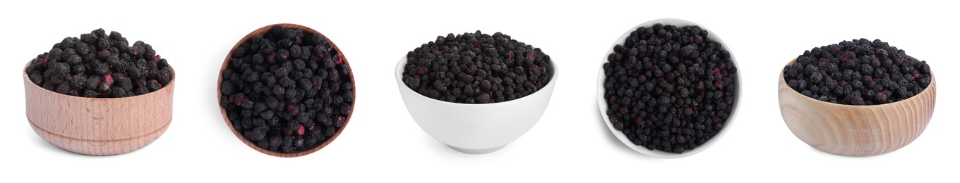 Set with freeze dried blueberries on white background. Banner design