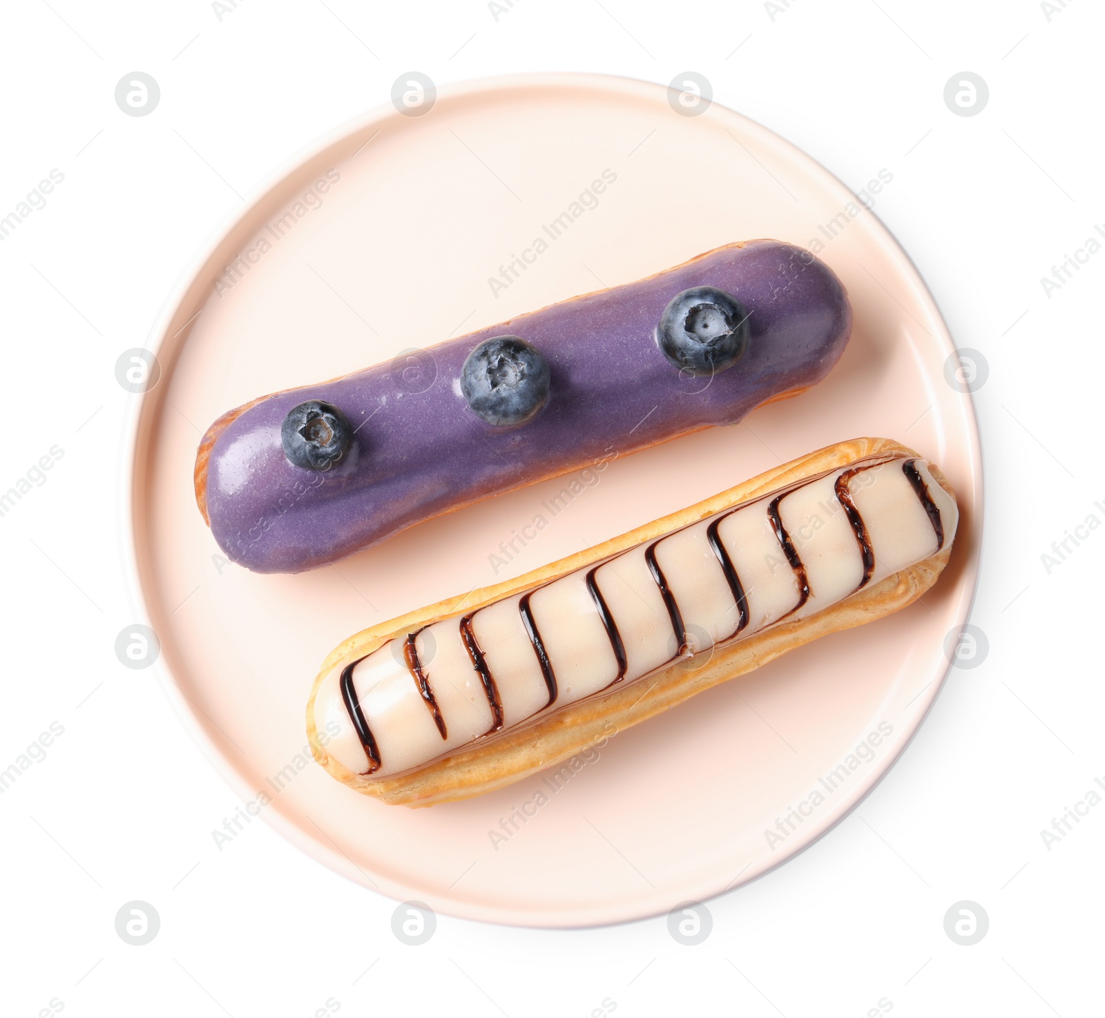 Photo of Delicious eclairs covered with glaze isolated on white, top view