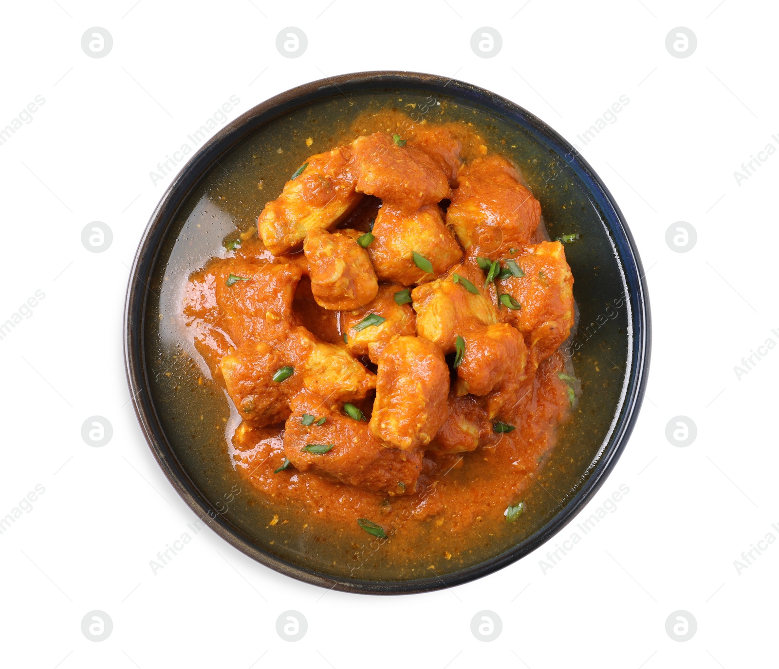 Photo of Plate of delicious chicken curry on white background, top view