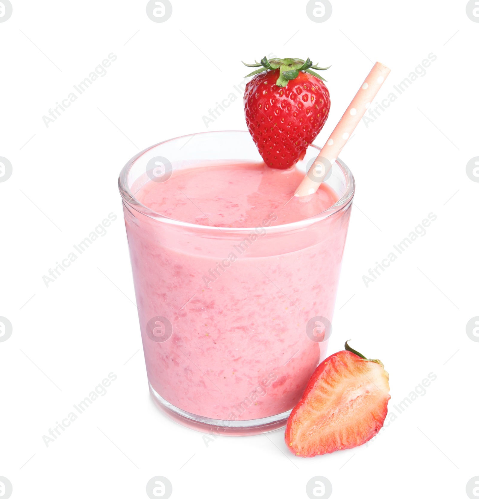 Photo of Tasty strawberry smoothie in glass isolated on white