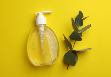 Bottle of liquid soap and eucalyptus branch on yellow background, flat lay