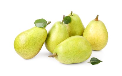 Photo of Many ripe pears with leaves on white background