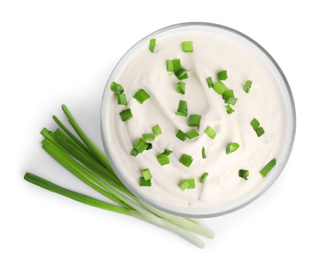 Photo of Fresh sour cream with onion on white background, top view